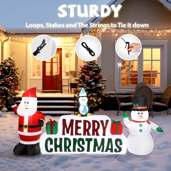 Inflatable Santa Claus And Snowman Holding Merry Christmas Sign